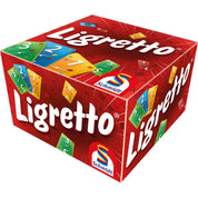 A Ligretto Red gyorsasági kártyajáték piros színű, dinamikus grafikájú doboza, rajta a színes kártyákkal és a Schmidt logóval.