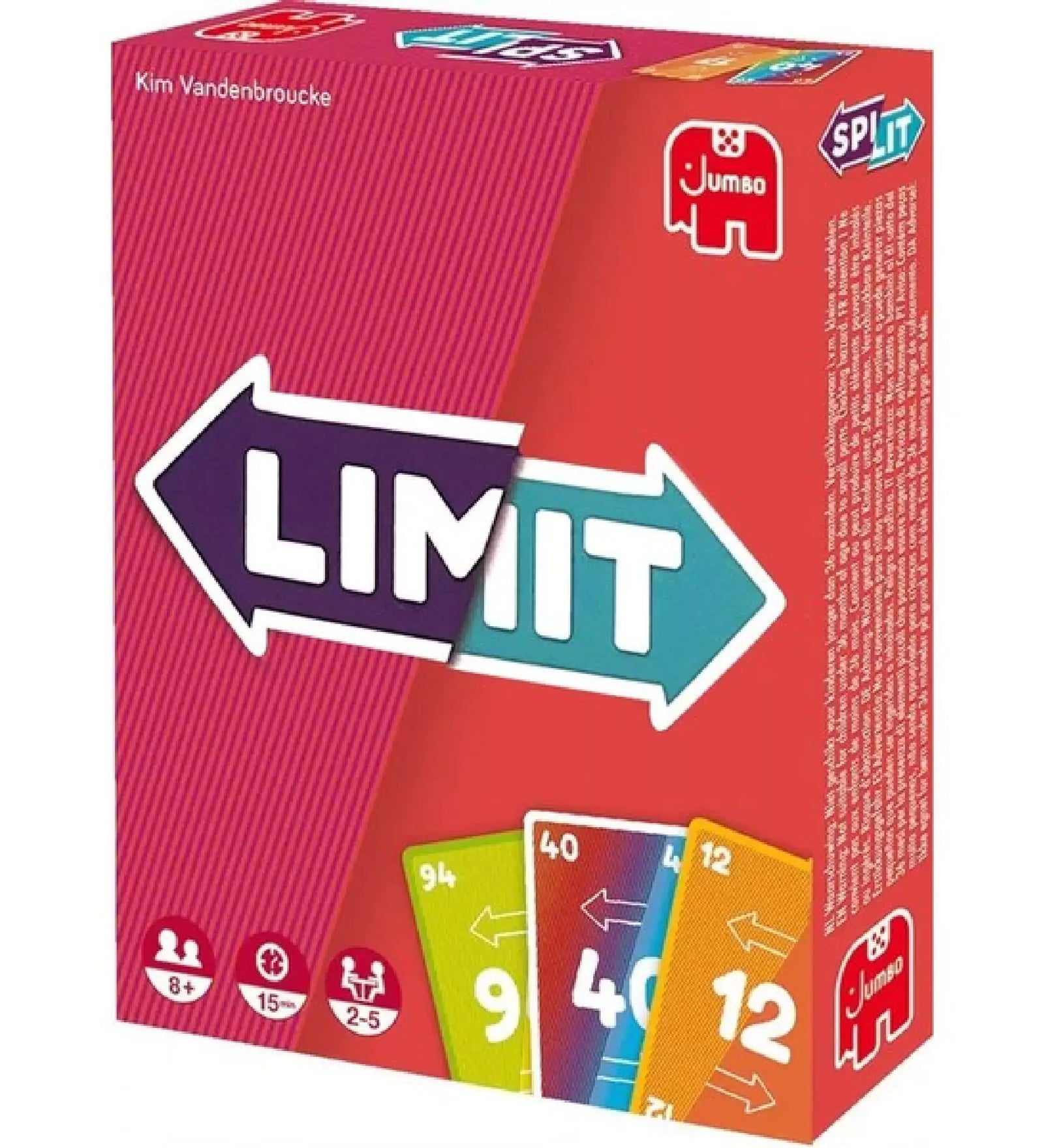 A piros dobozos LIMIT kártyajáték doboza, színes nyilakkal és számkártyákkal az elején, a Jumbo logóval.