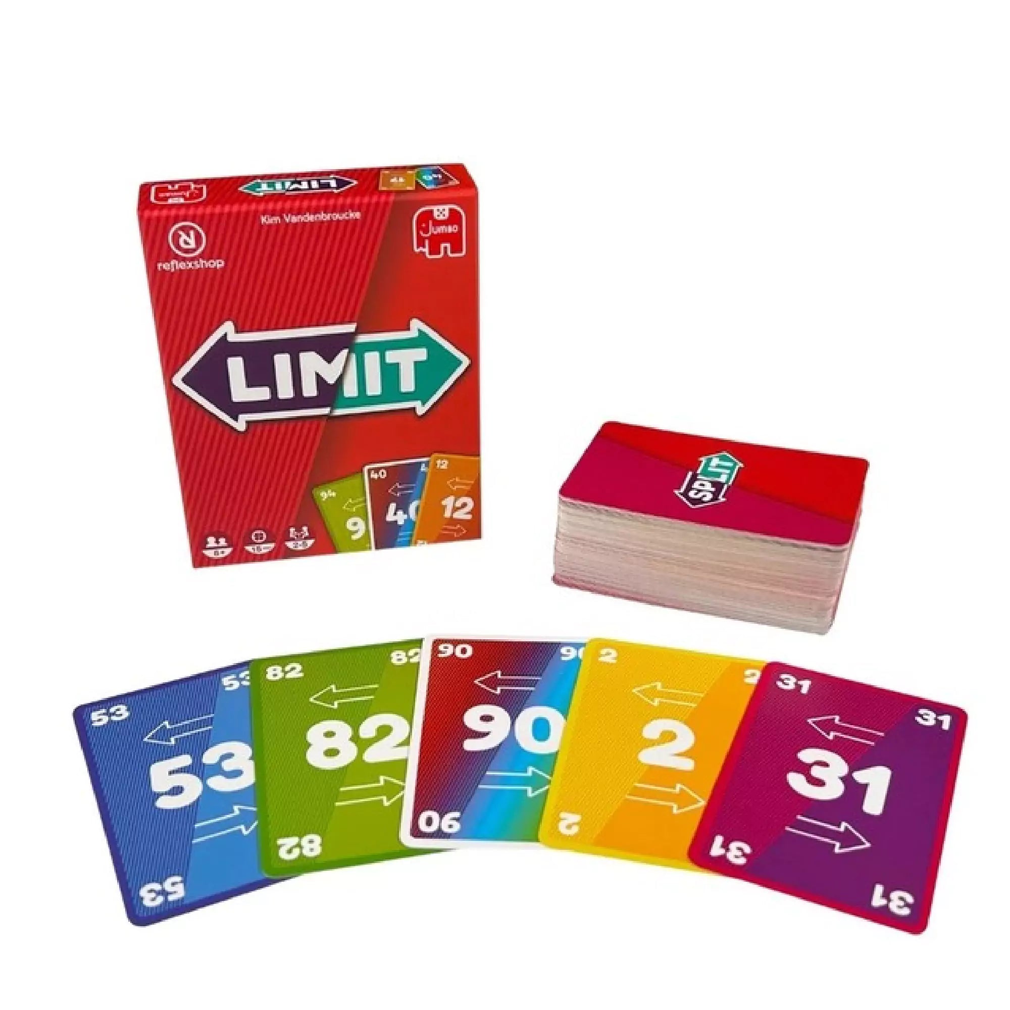 A LIMIT kártyajáték doboza kiterített paklival és színes, számozott játékkártyákkal a doboz előtt.