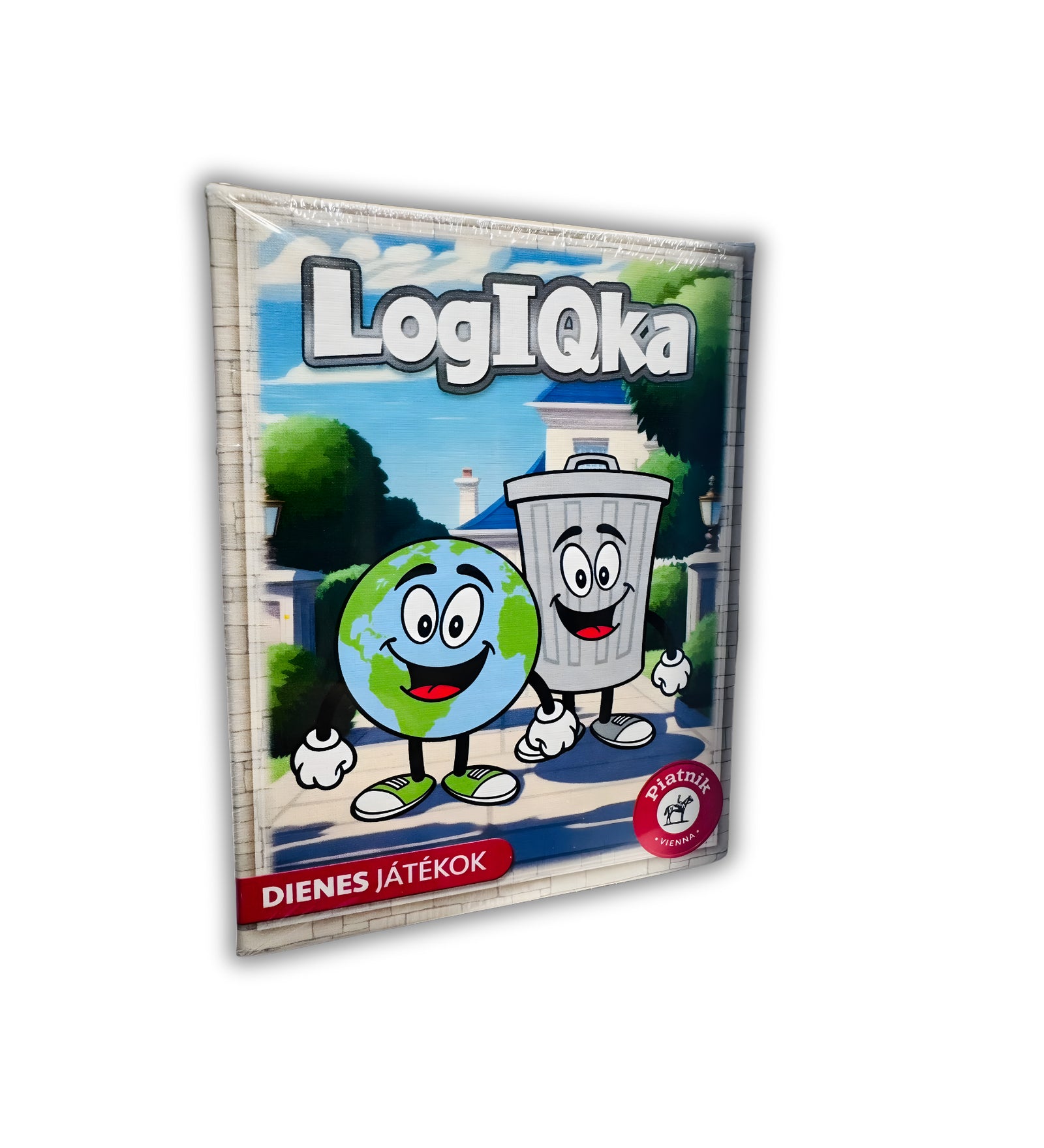 LogIQka társasjáték doboz eleje, vidám rajzolt Föld és kuka figurákkal, Dienes játékok.