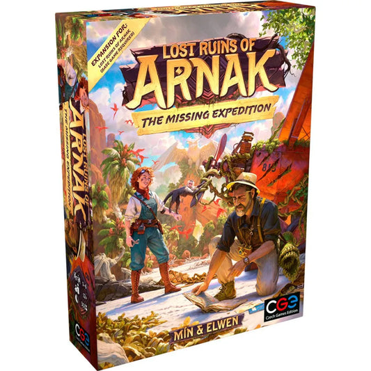 Lost Ruins of Arnak: The Missing Expedition társasjáték doboza, kalandos dzsungel jelenettel és felfedezőkkel a romok között.
