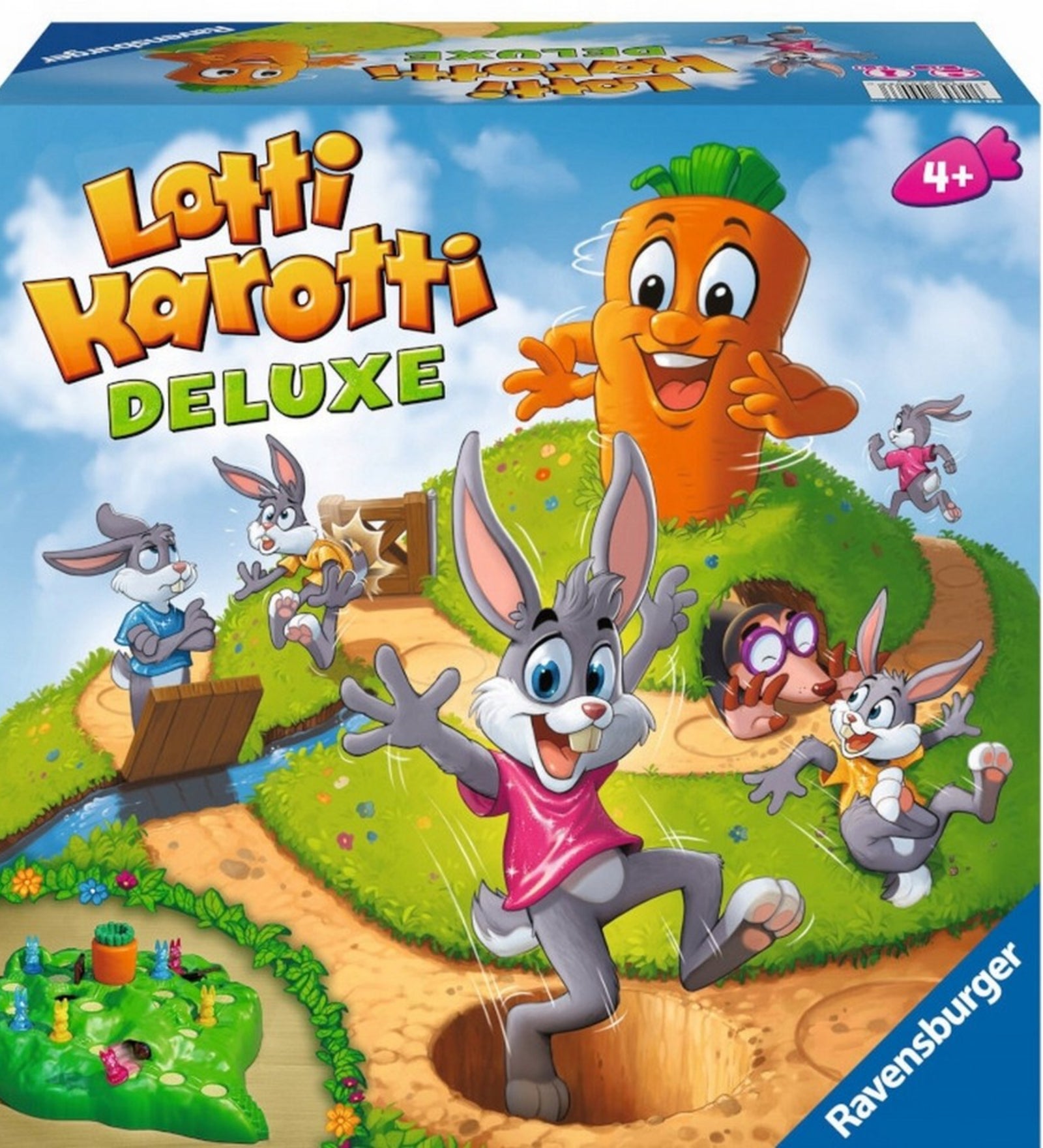 A Lotti Karotti Deluxe társasjáték színes, illusztrált doboza látható, amely a játékot reklámozza.