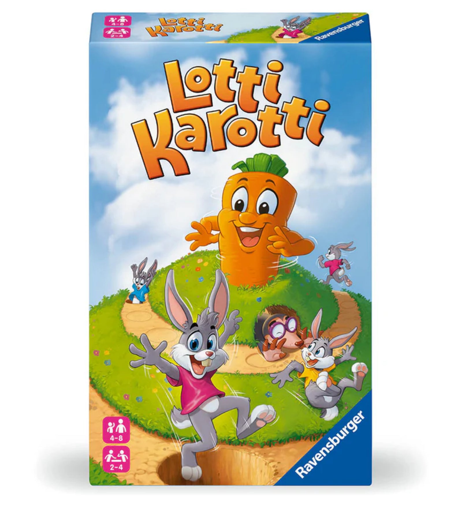 Lotti Karotti kompakt társasjáték doboza, középen egy vidám sárgarépával és körülötte ugráló nyulakkal, kék éggel a háttérben.