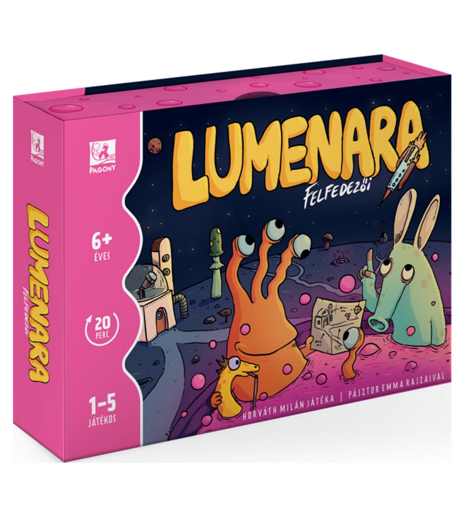 A Lumenara felfedezői társasjáték dobozának előlapja, rajta színes, kedves űrlényfigurákkal és a Pagony logóval, amely 6 éves kortól ajánlott, gyors, 20 perces családi játékot ígér.