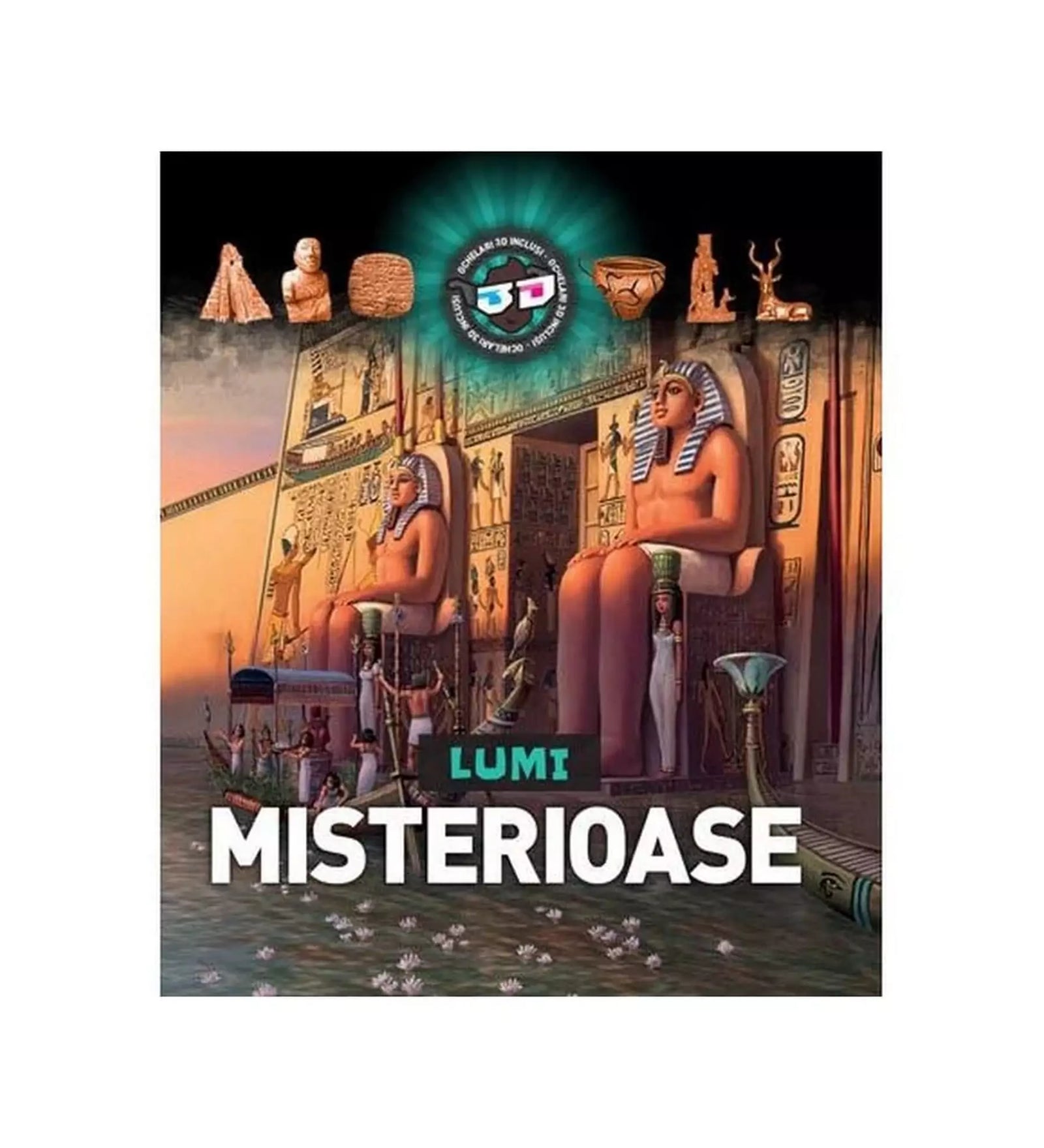 Lumi Misterioase könyv borítója, amely az ókori civilizációk rejtélyeit mutatja be, egyiptomi szobrokkal és díszítésekkel.