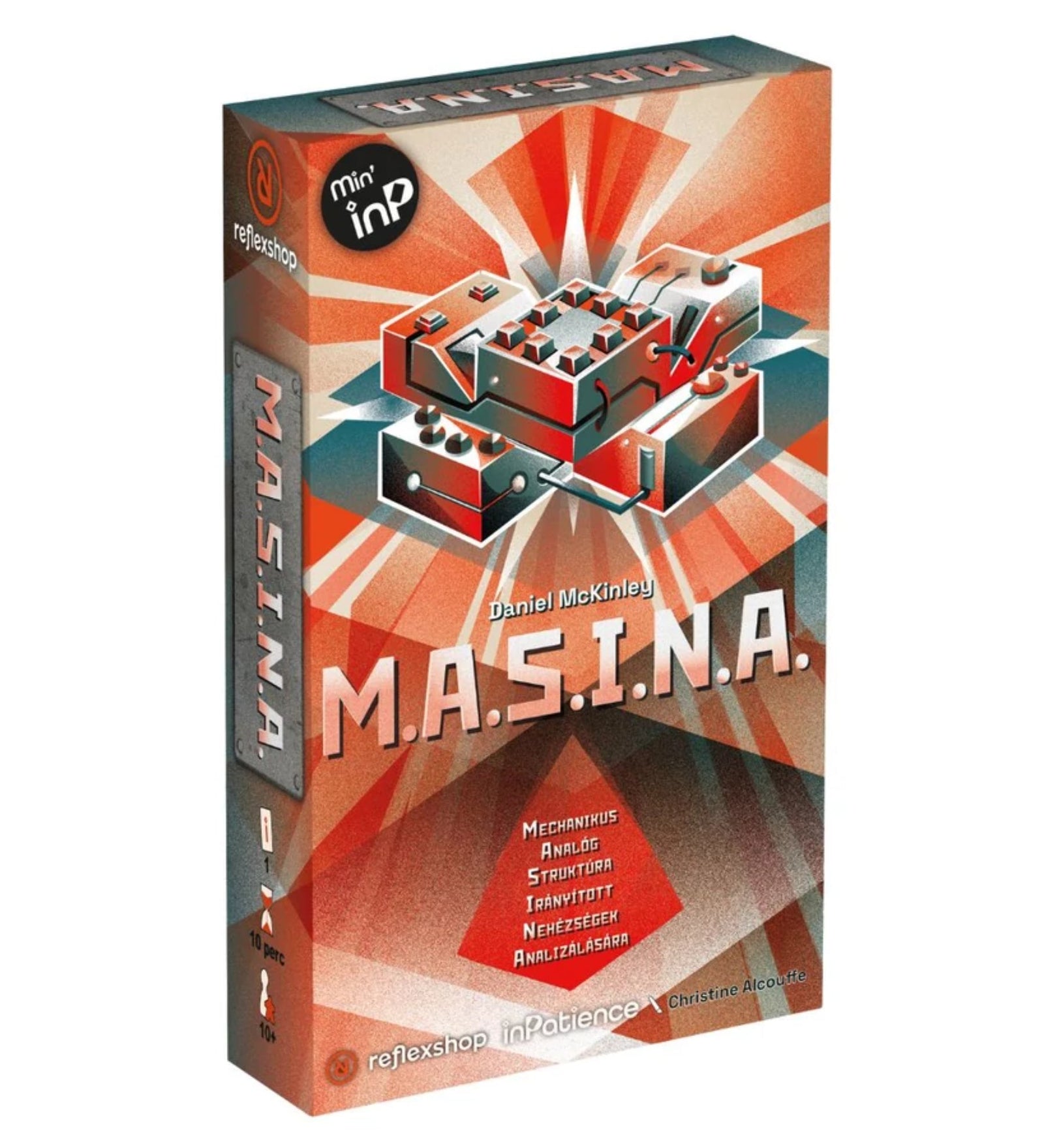 A M.A.S.I.N.A. társasjáték doboza szemből fotózva, dinamikus, gépalkatrészeket ábrázoló grafikai elemekkel és erőteljes piros-narancs színvilággal, középen a játék címe nagy betűkkel.
