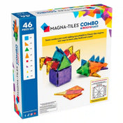MAGNA-TILES Combo microMAGS 46 darabos építőkészlet dobozának hátoldala, különböző színes mágneses építményekkel és a készlet elemeinek felsorolásával.
