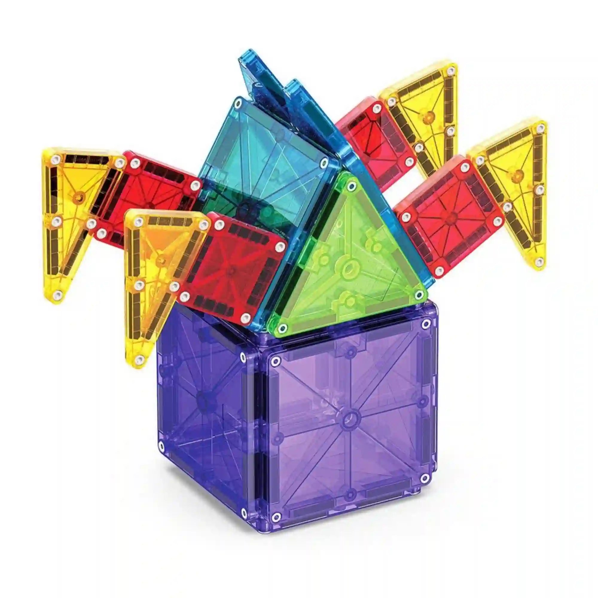 MAGNA-TILES Combo microMAGS 46 darabos építőkészlet színes, áttetsző mágneses lapjaiból összeállított, tüskés hátú, lila testű fantáziafigura.