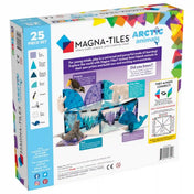 MAGNA-TILES Arctic Animals mágneses építőkészlet dobozának hátoldala, a készlet elemeivel és sarkvidéki állatfiguráival.