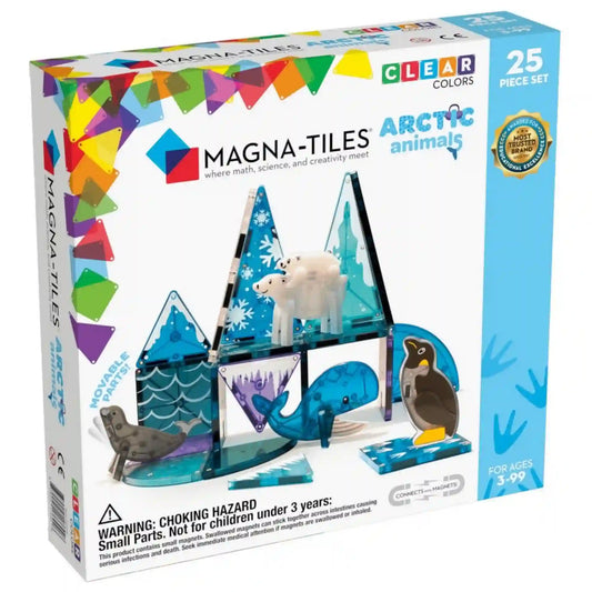 MAGNA-TILES Arctic Animals 25 darabos mágneses építőkészlet doboza, sarkvidéki állatfigurákkal és kék építőelemekkel.