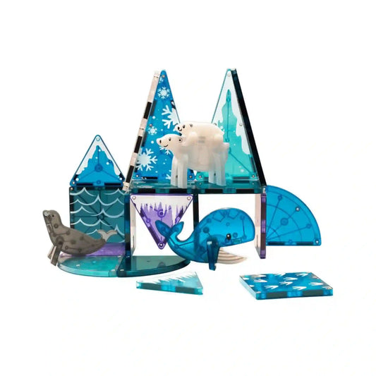 MAGNA-TILES Arctic Animals 25 darabos mágneses építőkészletből készült jeges táj, jegesmedvékkel, fókával és kék bálnával.