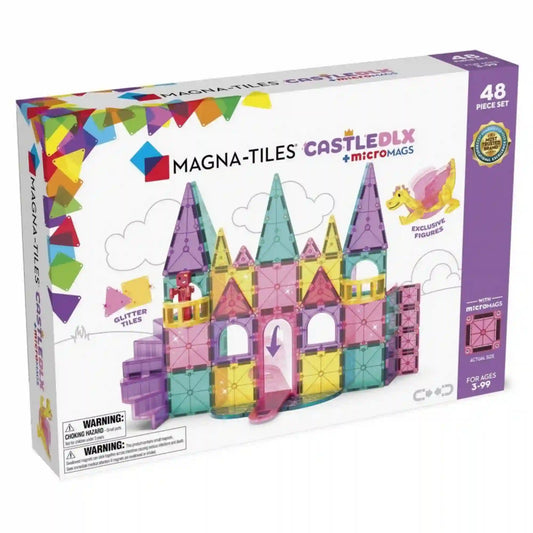 MAGNA-TILES Castle Deluxe 48 darabos építőkészlet dobozának eleje, rajta rózsaszín, lila és türkiz mágneses kastéllyal és sárkányfigurával.