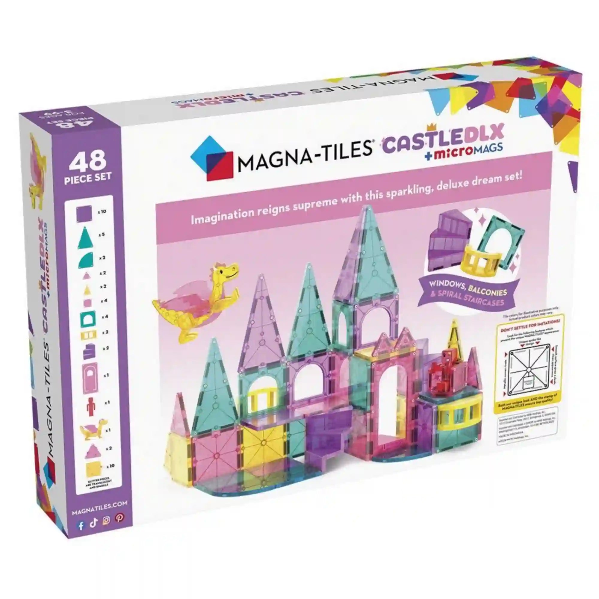 MAGNA-TILES Castle Deluxe 48 darabos építőkészlet dobozának hátoldala, a készlet elemeinek felsorolásával, kastélyépítménnyel, csigalépcsővel és sárkányfigurával.