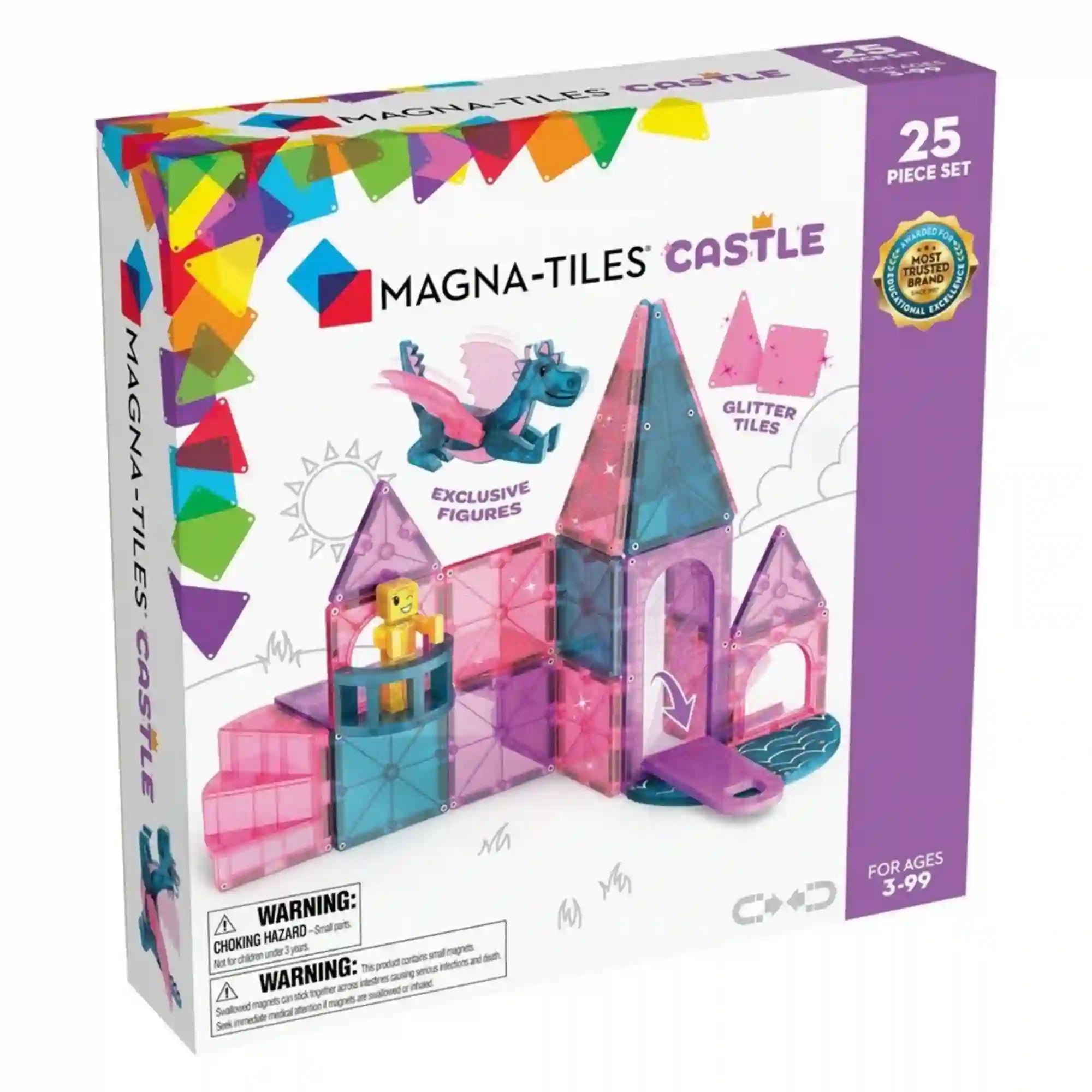 MAGNA-TILES Castle 25 darabos mágneses építőkészlet doboza, rajta színes, áttetsző kastéllyal, sárkányfigurával és csillogó mágneses lapokkal.