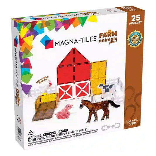 MAGNA-TILES Farm Animals 25 darabos mágneses építőkészlet dobozának eleje, színes farmépítménnyel, lóval, tehénnel, malaccal és tyúkkal.
