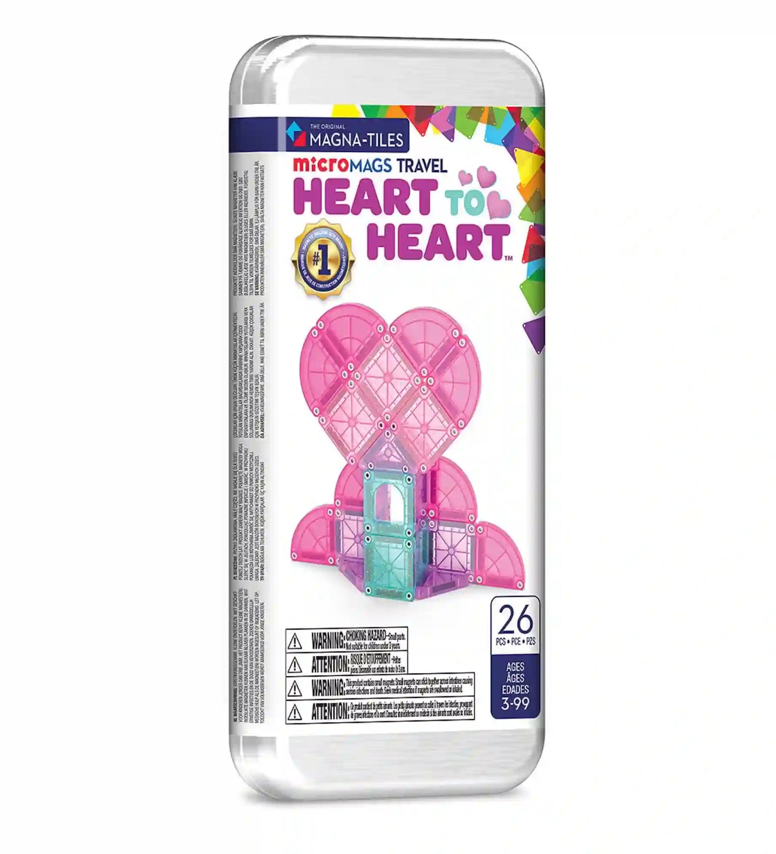 Magna-Tiles microMAGS Travel Heart to Heart mágneses építőjáték fémdobozos csomagolásban, rózsaszín szív alakú építménnyel a borítón.