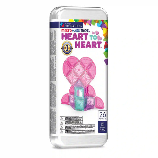 Magna-Tiles microMAGS Travel Heart to Heart mágneses építőjáték fémdobozos csomagolásban, rózsaszín szív alakú építménnyel a borítón.