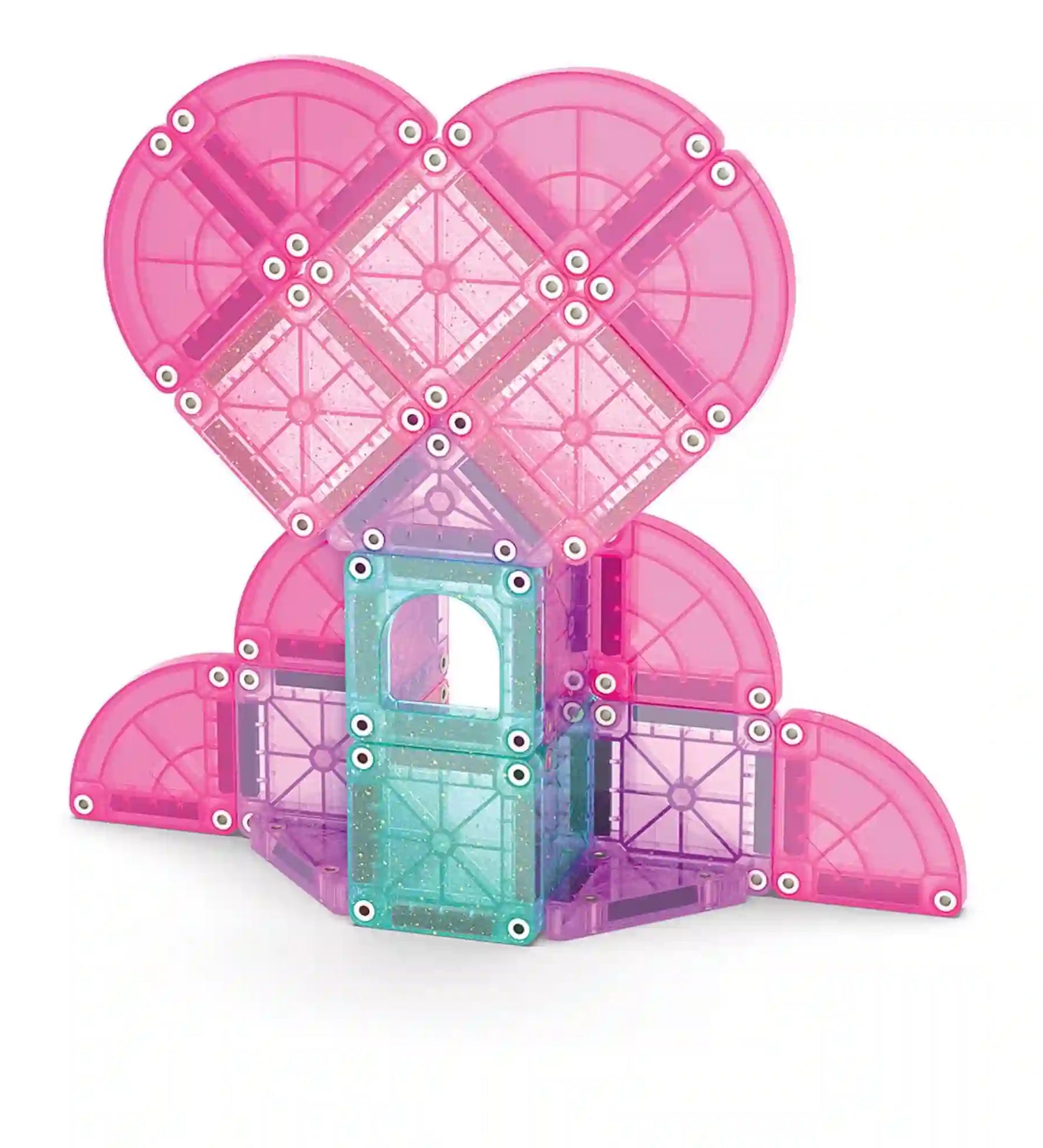 Magna-Tiles microMAGS Travel Heart to Heart mágneses építőjátékból épített rózsaszín szív alakú házikó áttetsző elemekkel és türkiz ajtóval.