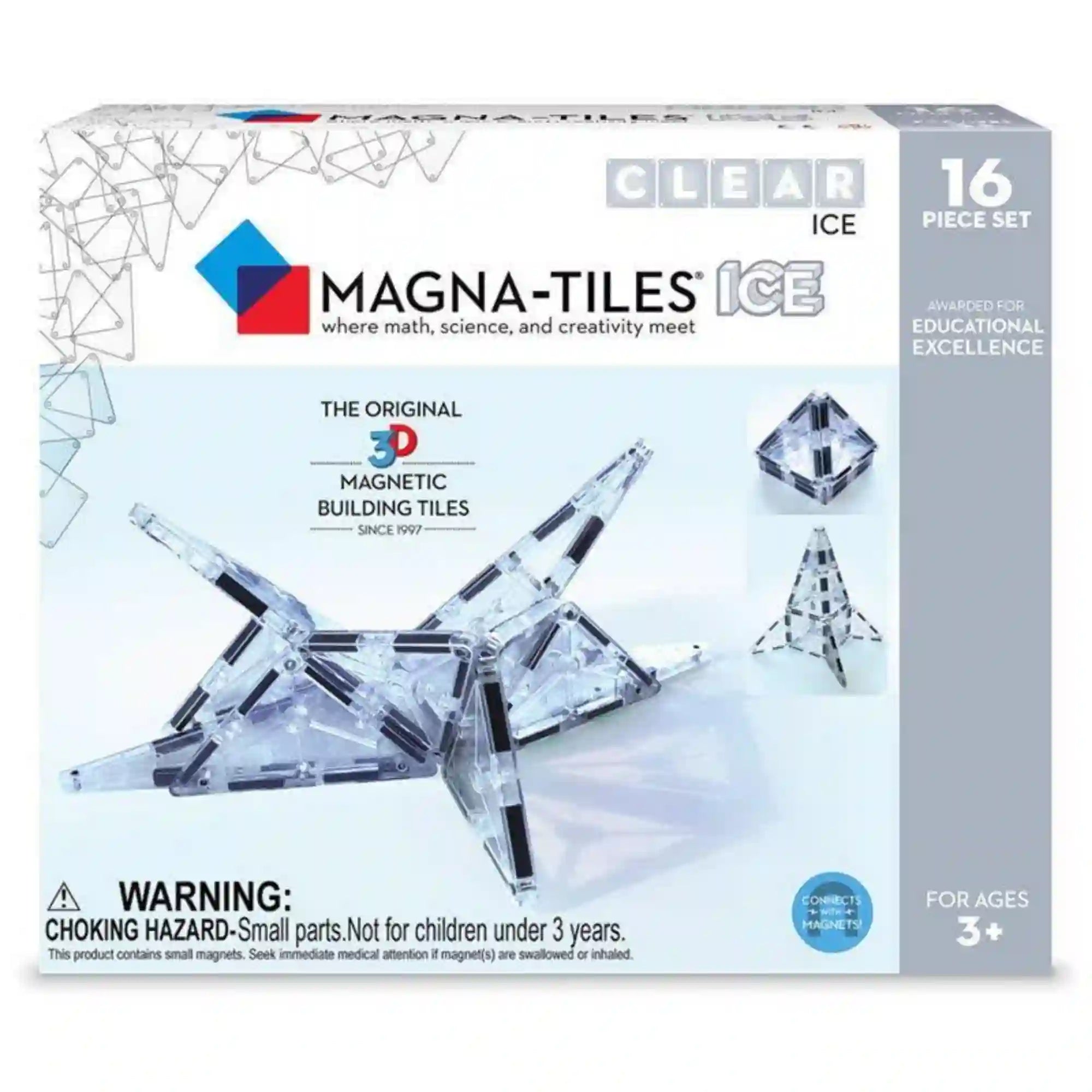 MAGNA-TILES Ice 16 darabos mágneses építőkészlet doboza, átlátszó építőelemekből készült modellekkel.