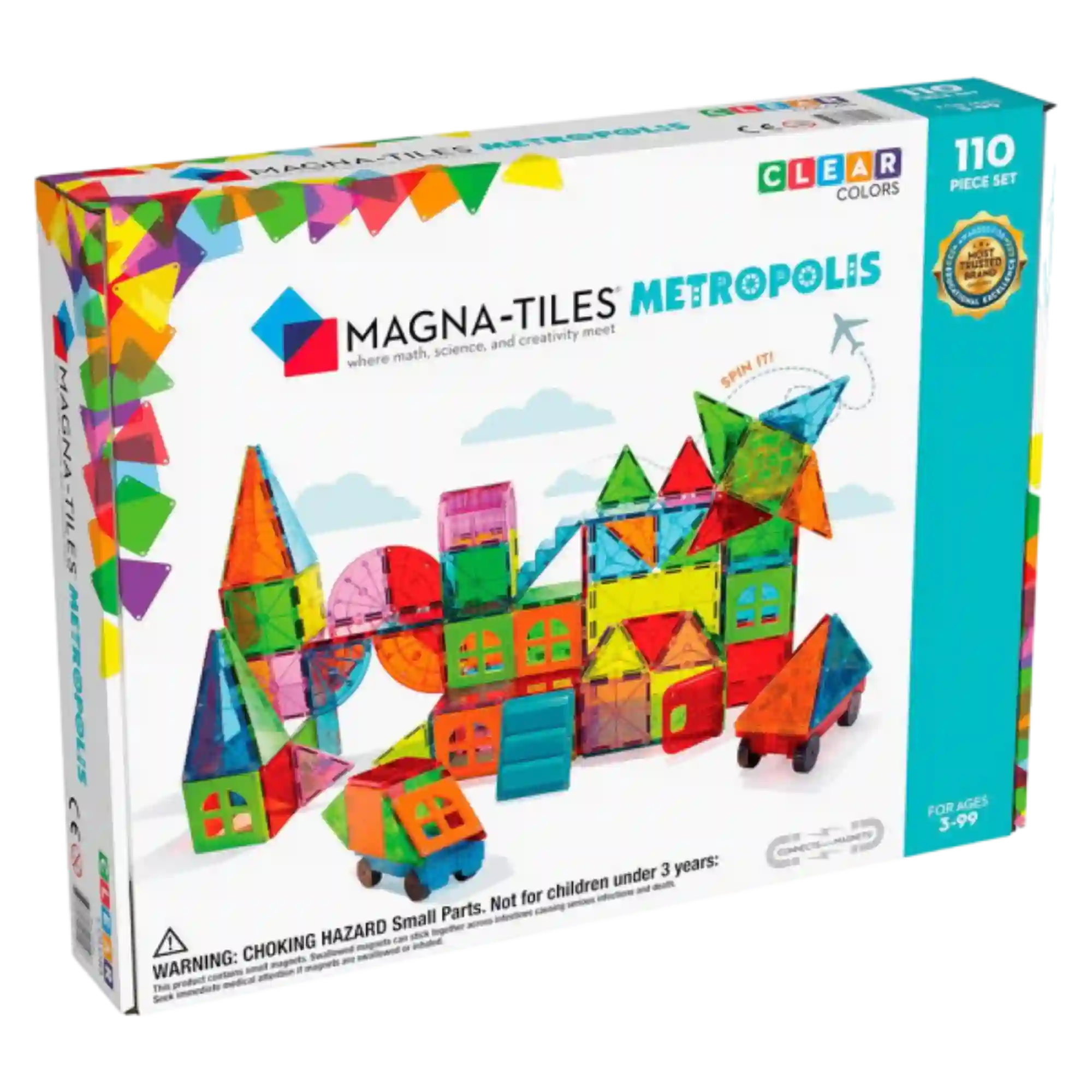 MAGNA-TILES Metropolis 110 darabos mágneses építőjáték doboza, rajta színes épületekkel, forgó szerkezettel és kis járművekkel.