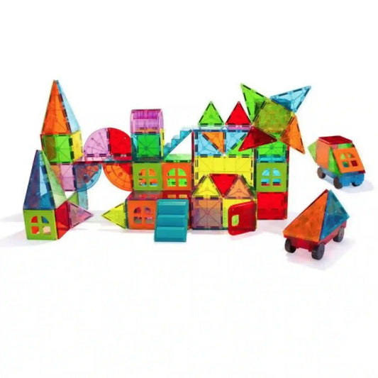 MAGNA-TILES Metropolis 110 darabos mágneses építőjáték színes épületekből, tornyokból, forgó elemből és két kerekes járműből álló összeállítása.