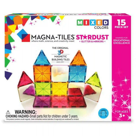 MAGNA-TILES Stardust, 15 darabos mágneses építőkészlet: A készlet színes doboza, rajta csillogó és tükrös mágneses építőelemekből készült építménnyel.