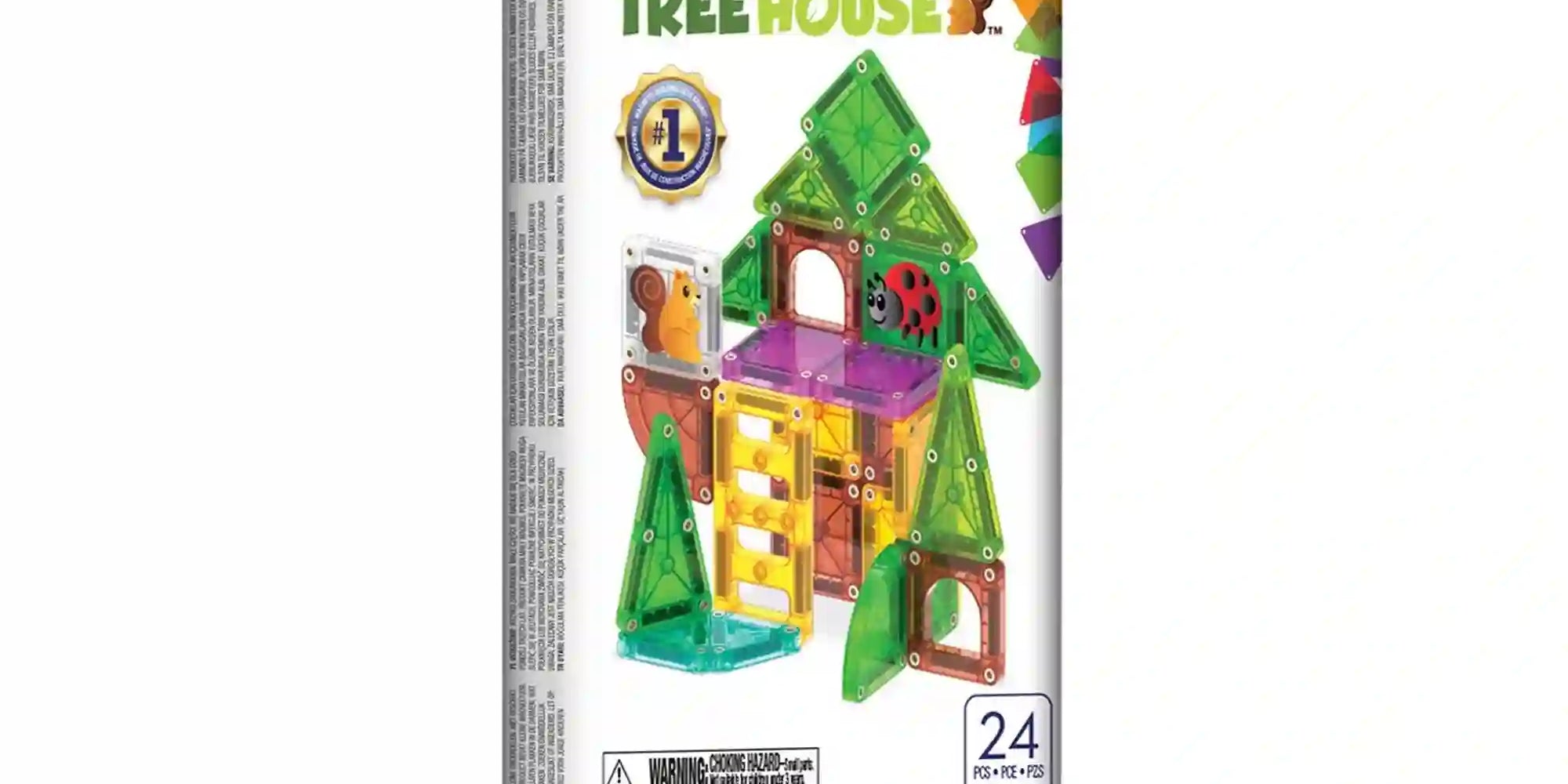 Magna-Tiles microMAGS Travel Tree House mágneses építőjáték fémdobozos csomagolásban, színes lombház építménnyel a borítón.