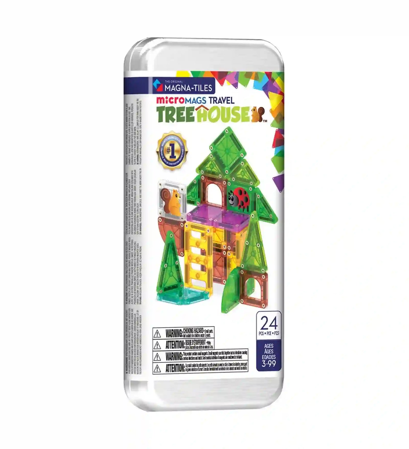 Magna-Tiles microMAGS Travel Tree House mágneses építőjáték fémdobozos csomagolásban, színes lombház építménnyel a borítón.