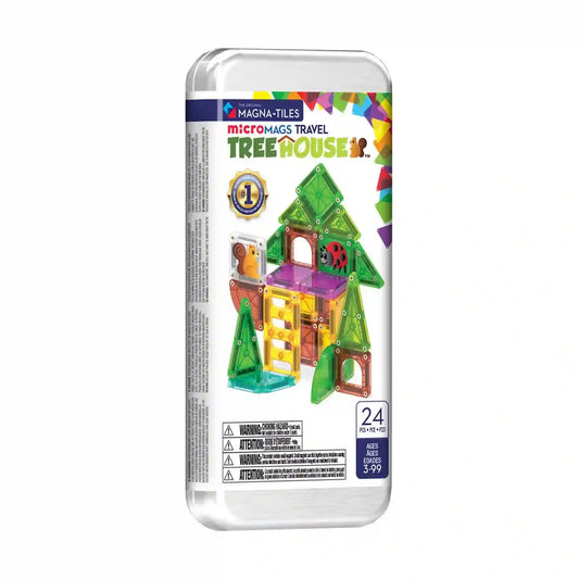 Magna-Tiles microMAGS Travel Tree House mágneses építőjáték fémdobozos csomagolásban, színes lombház építménnyel a borítón.
