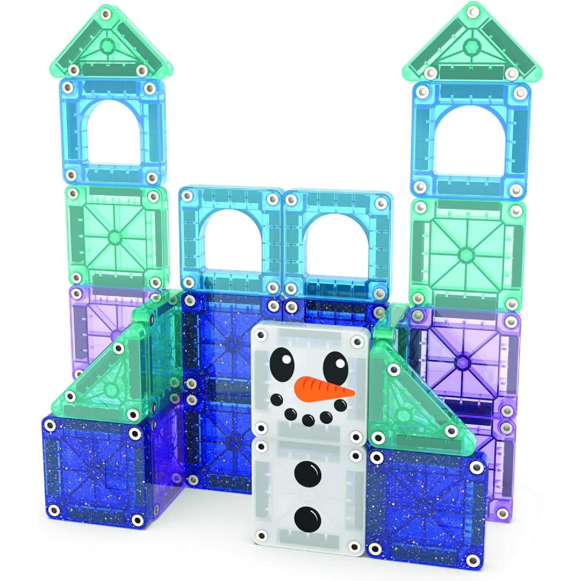 A Magna-Tiles Winter Wonder 26 darabos mágneses építőkészlet elemei, hóemberes mintával, áttetsző kék, zöld és lila lapokból épített téli vár.