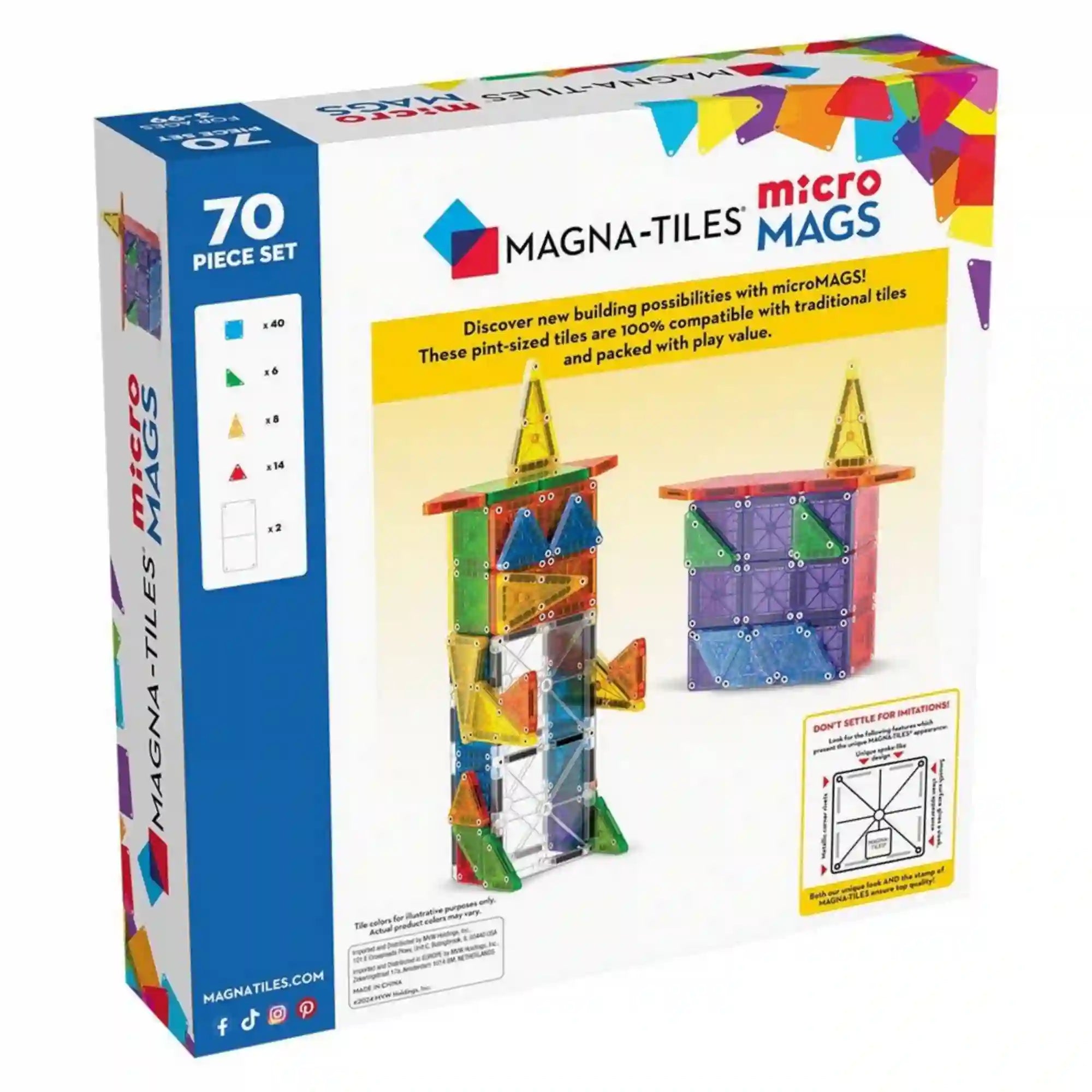MAGNA-TILES microMAGS 70 darabos építőkészlet dobozának hátoldala, két színes építménnyel és a mágneses elemek darabszámát bemutató ábrával.