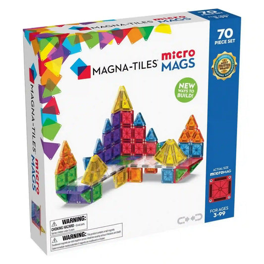 MAGNA-TILES microMAGS 70 darabos építőkészlet fehér-kék doboza, rajta színes mágneses elemekből épített kastéllyal.