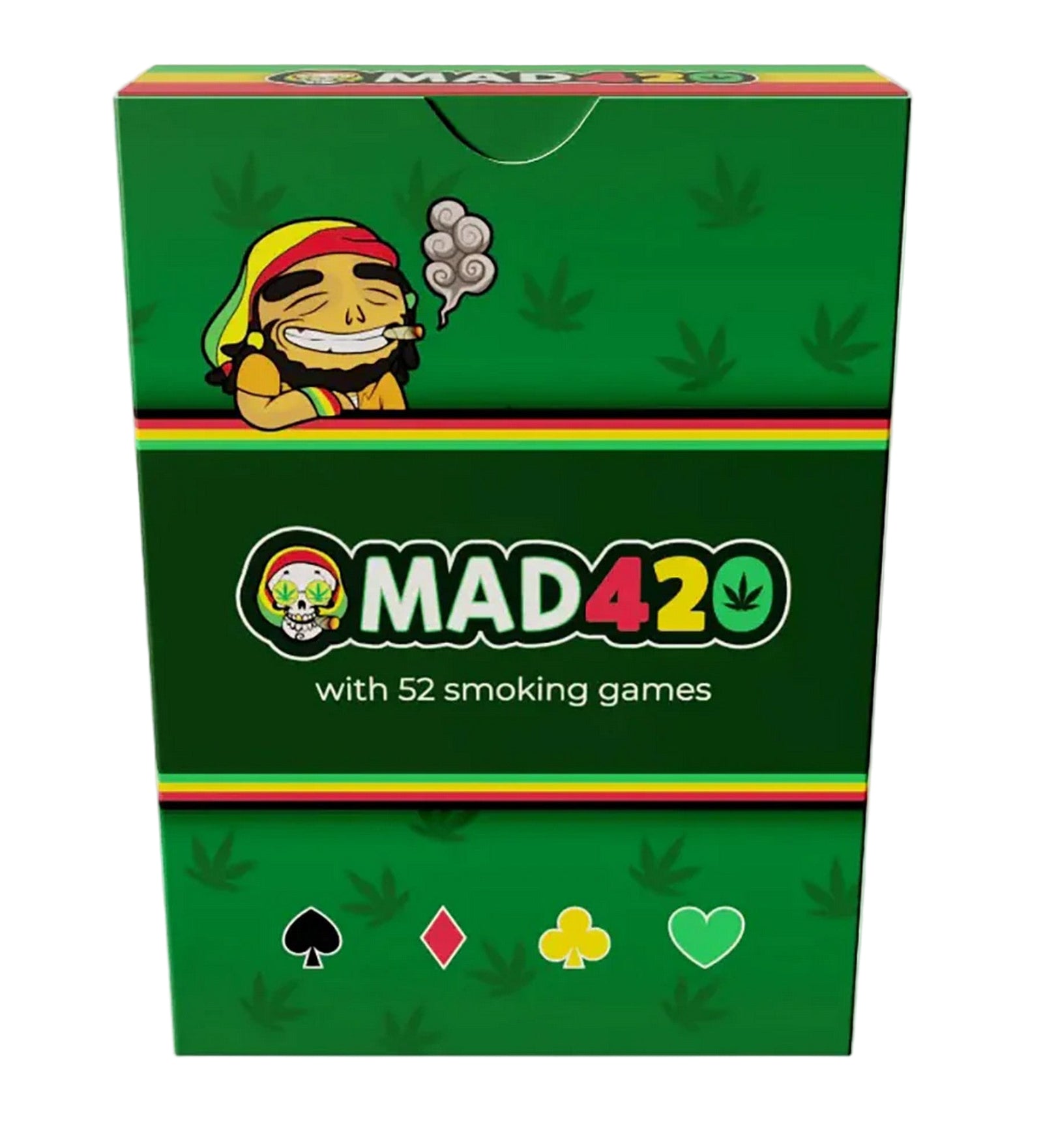 „MAD420 – zöld, rasta stílusú játékkártya-doboz 52 füves partijátékkal és mosolygó rajzfigurával.”