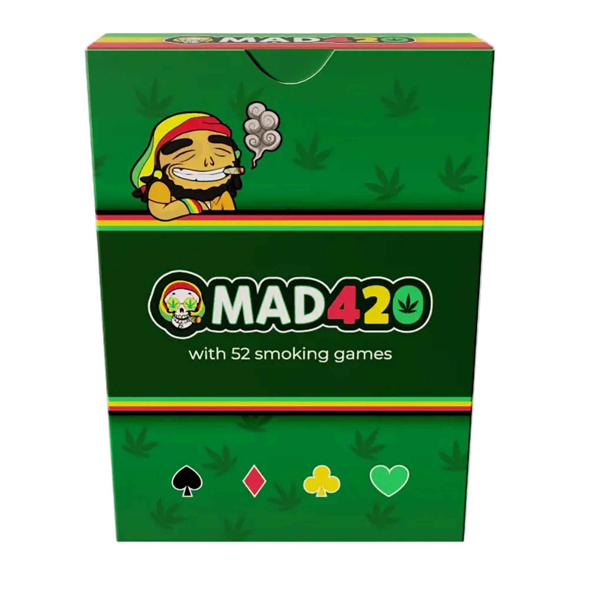 „MAD420 – zöld, rasta stílusú játékkártya-doboz 52 füves partijátékkal és mosolygó rajzfigurával.”