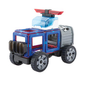 Kék-piros mágneses rendőrautó átlátszó elemekkel és piros szirénával, a mentő- és rendőrségi építőszett része.