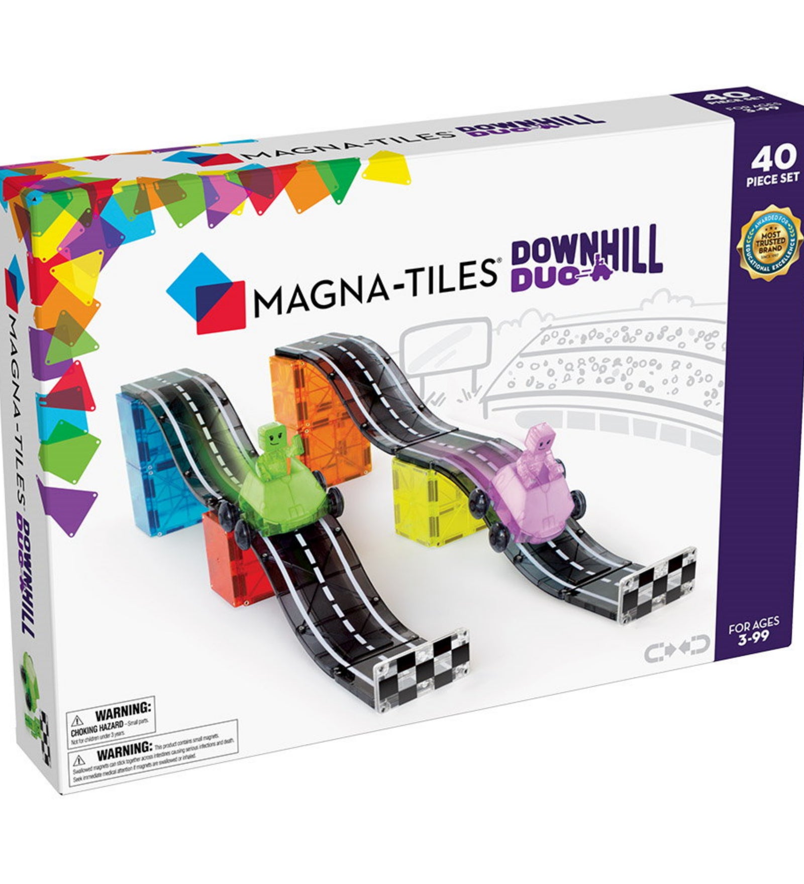 A Magna-Tiles Downhill Duo 40 darabos szett doboza, amelyen két színes autó és két versenyrámpa látható.