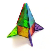 MAGNA-TILES Clear Colors 32 darabos készlet zöld, kék, narancssárga és lila mágneses háromszögekből és négyzetekből épített rakétája.