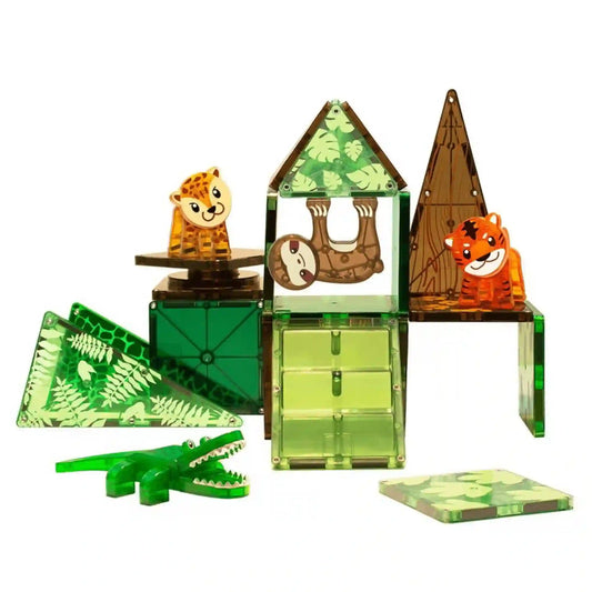 MAGNA-TILES Jungle Animals mágneses építőkészlet zöld, áttetsző építőelemei, dzsungelmintás lapokkal, leopárddal, lajhárfigurával, tigrissel és kajmánnal.