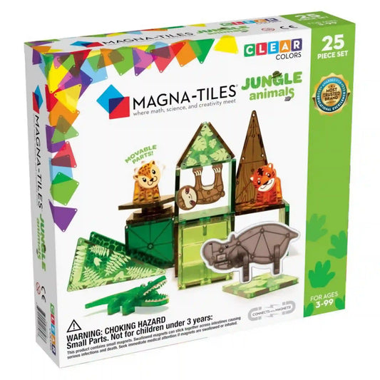MAGNA-TILES Jungle Animals 25 darabos mágneses építőkészlet dobozának eleje, dzsungelépítménnyel és állatfigurákkal.