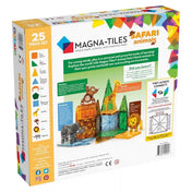 MAGNA-TILES Safari Animals mágneses építőkészlet dobozának hátoldala, az elemek felsorolásával és az állatfigurák bemutatásával.