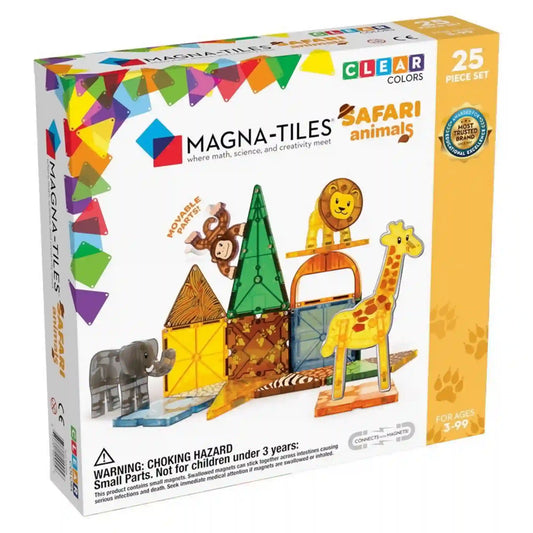 MAGNA-TILES Safari Animals 25 darabos mágneses építőkészlet dobozának eleje, színes építőelemekkel és szafariállatokkal.