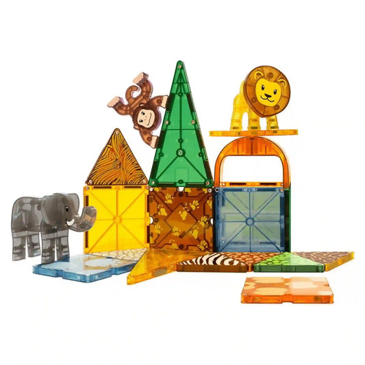 MAGNA-TILES Safari Animals 25 darabos mágneses építőkészlet színes, áttetsző elemei, elefánt-, majom- és oroszlánfigurával, állatmintás lapokkal.