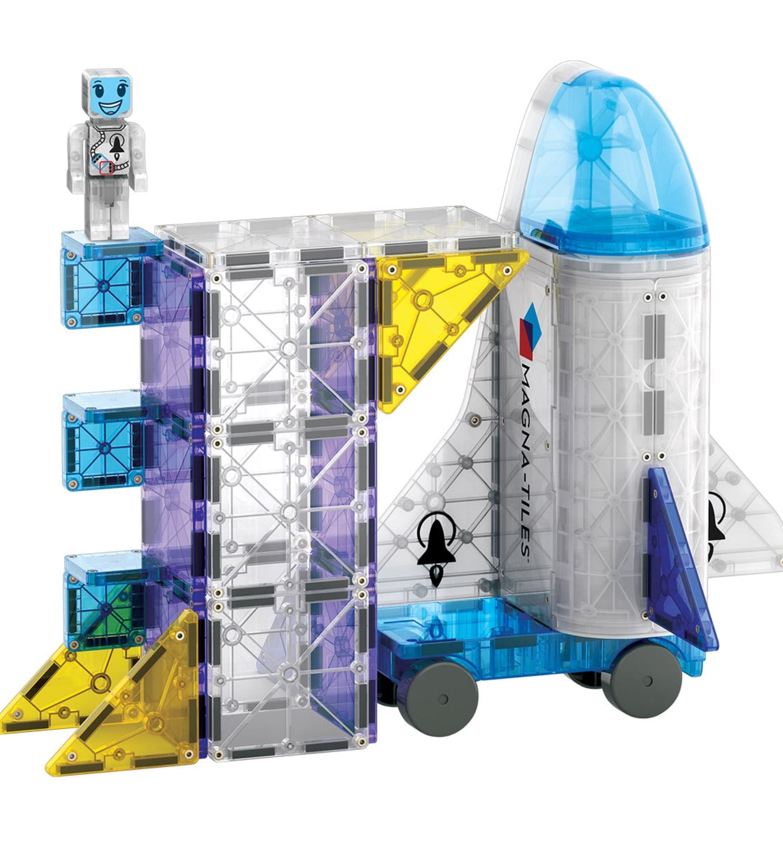 Űrhajó a MAGNA-TILES Space mágneses építőjátékból, űrkapszulával, sárga és kék elemekkel, valamint egy mosolygós űrhajós figurával.