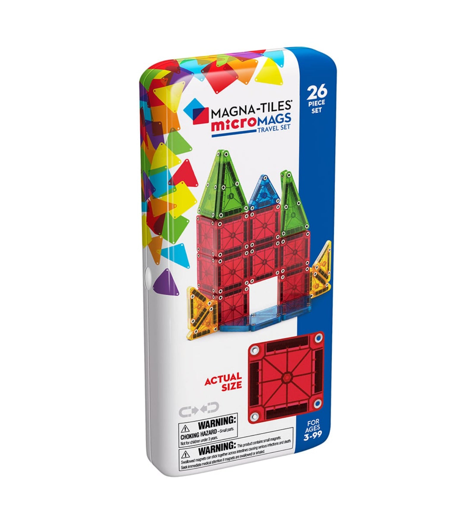 MAGNA-TILES microMAGS Travel szett (26 darabos) – kompakt mágneses építőjáték színes elemekkel és fémdobozos tárolóval, ideális utazáshoz.