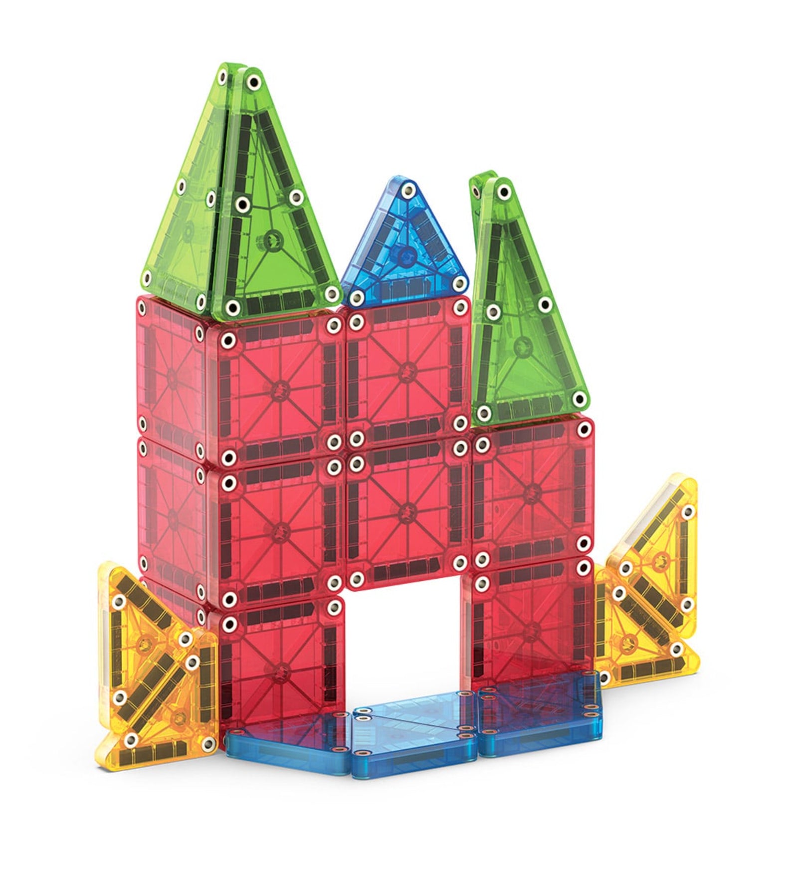 Színes építmény a MAGNA-TILES microMAGS Travel szett (26 darabos) elemeiből, amely piros, zöld, sárga és kék mágneses lapokból készült, kreatív építéshez.