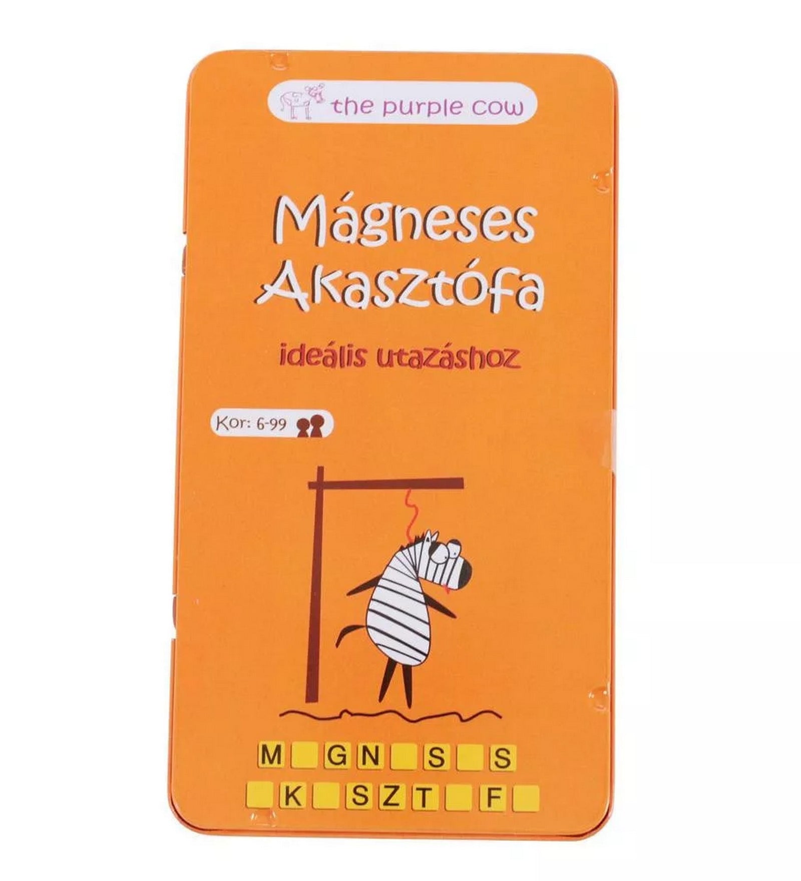 Mágneses Akasztófa utazó társasjáték narancssárga fémdobozos csomagolásban, akasztófán lógó zebra grafikával a borítón.