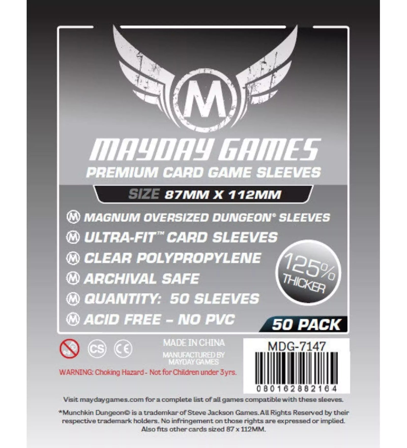 Mayday Games Premium Magnum Oversized Dungeon kártyavédő fólia csomag, 87x112 mm méretben, 50 darabos kiszerelés, savmentes, extra vastag kivitel.