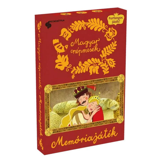 Magyar népmesék – Memóriajáték doboza, piros alapon arany díszítéssel és mesebeli királyi pár ábrázolásával.