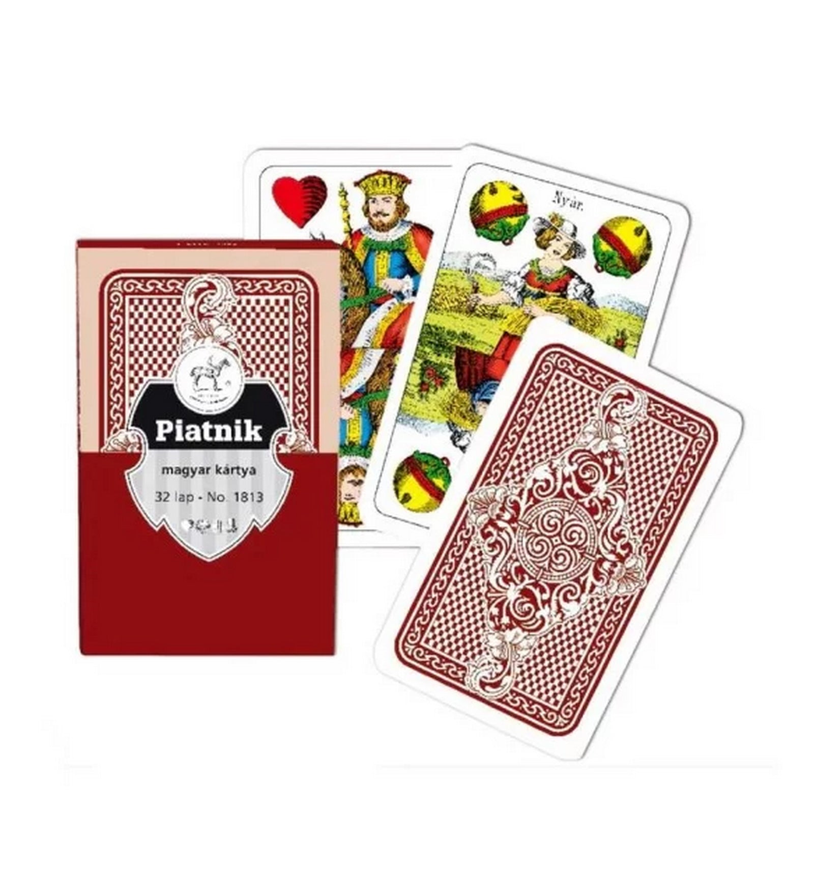 Piatnik magyar kártya piros dobozban, mellette klasszikus mintájú magyar kártyalapok (alsó, király, hátlap) részletgazdag grafikával.