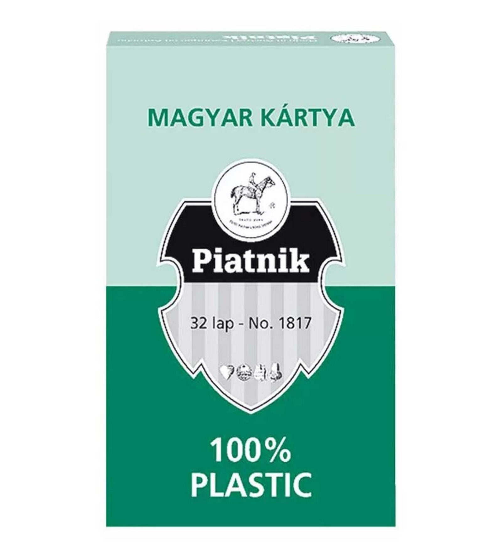 Piatnik magyar kártya zöld doboza 100% plastic felirattal, 32 lapos tartós kártyapakli jelöléssel.